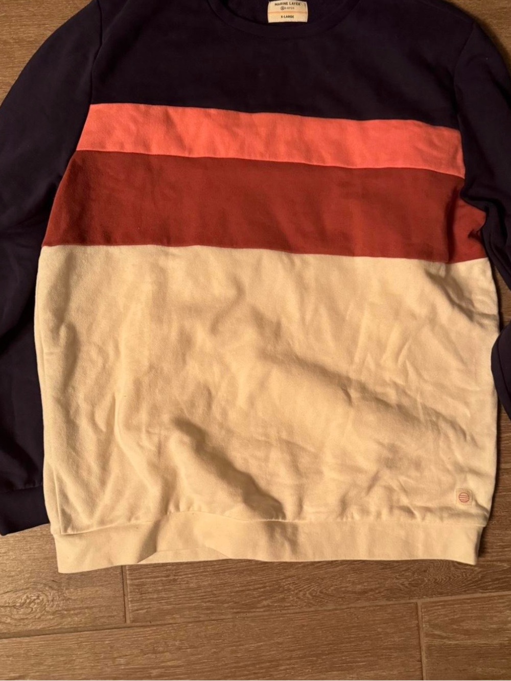 Marine Layer Colorblock Crewneck Sweatshirt in Navy, Coral, Rust, Cream